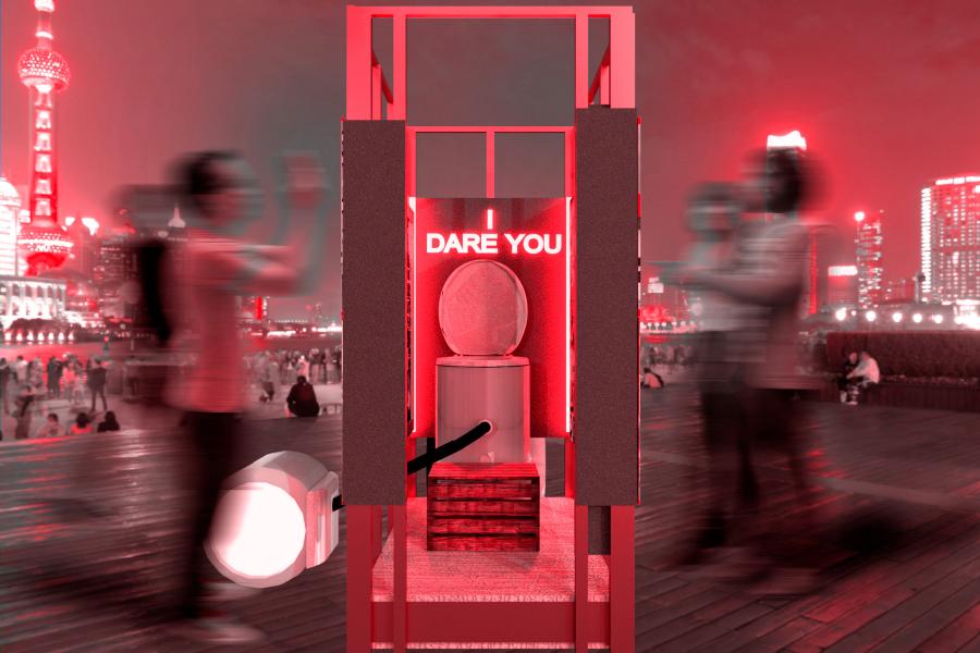 Rendering of toilet installation with neon sign that reads "dare you".