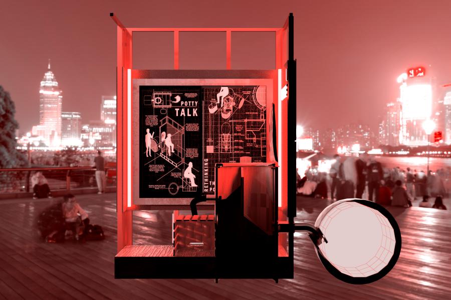 Elevation rendering of red toilet installation.
