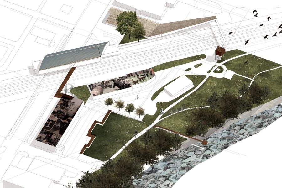 Collaged site plan along river.