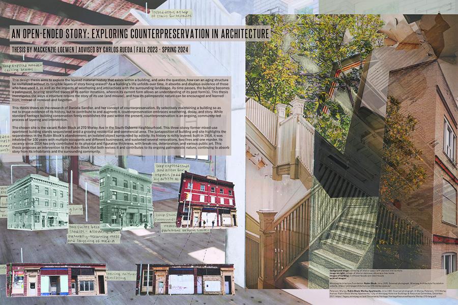 Collage of early 20th century buildings, a staircase, and foliage.