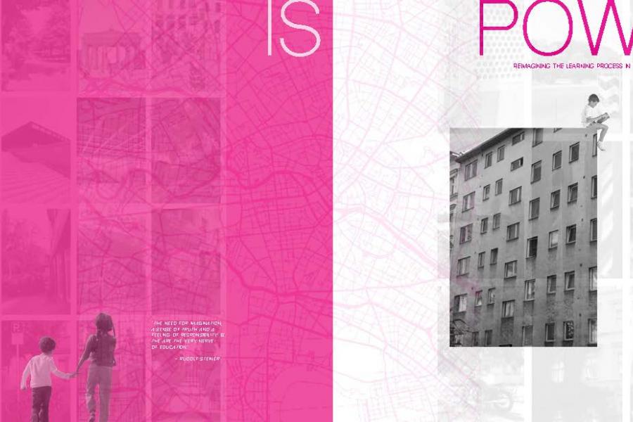 Map of city with images of buildings and pink overlay.