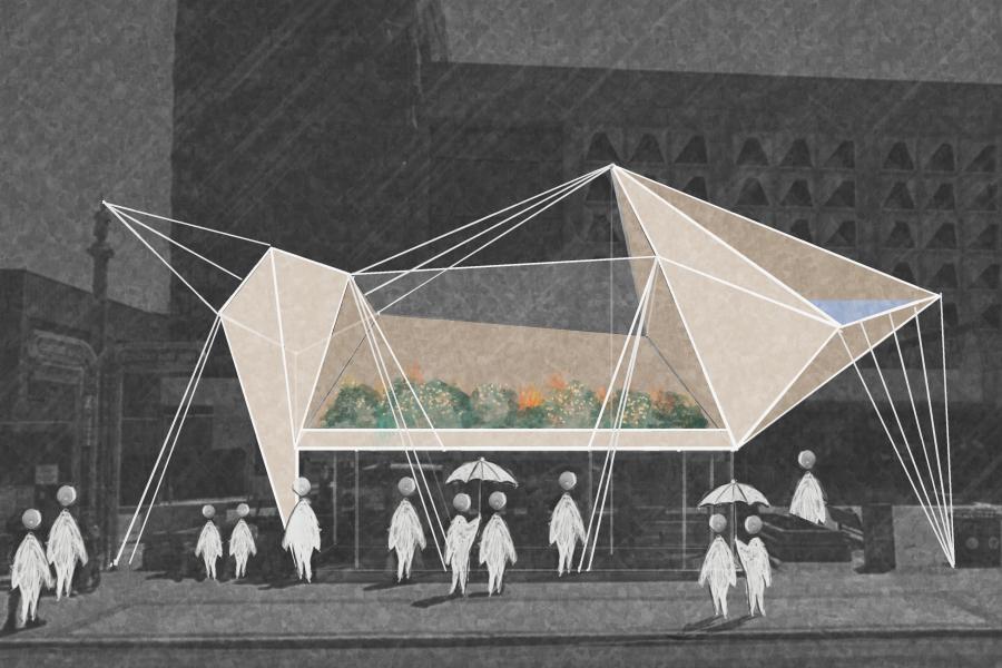 Rendering of geometric structure with simple scale figures holding umbrellas.