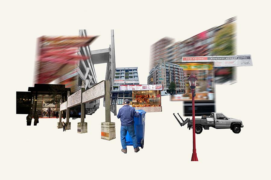 Collage of man pushing recycling bin through a city scape that appears to be moving quickly.