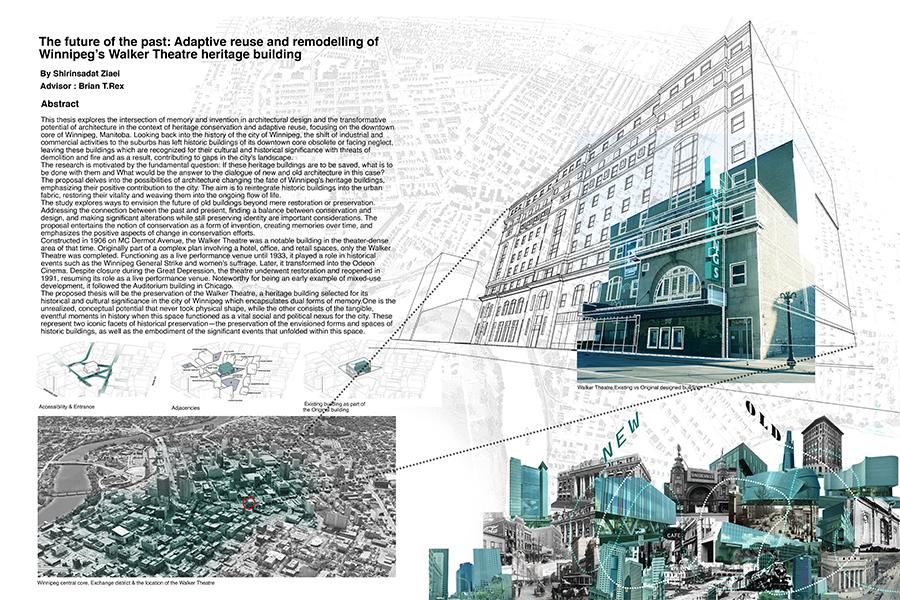 Draft of building façade superimposed onto image of building.