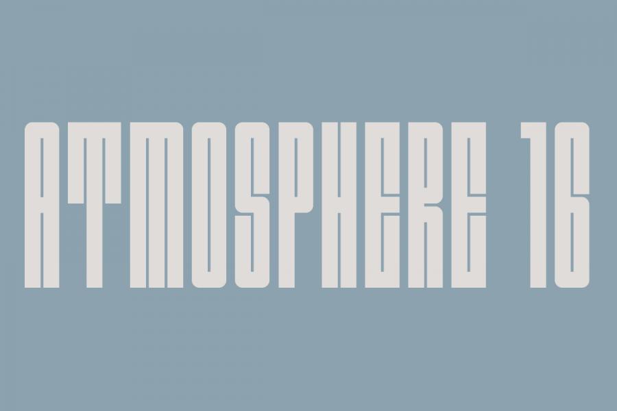 Teal graphic with beige stylized text that reads "Atmosphere 16".