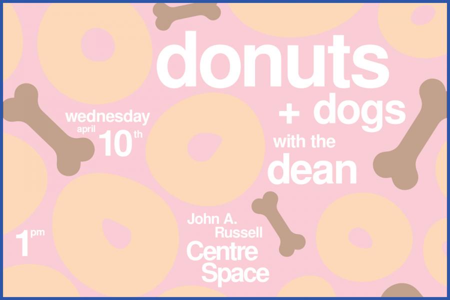 Graphic with abstract beige donuts and dog treats that reads "Donuts with the Dean".