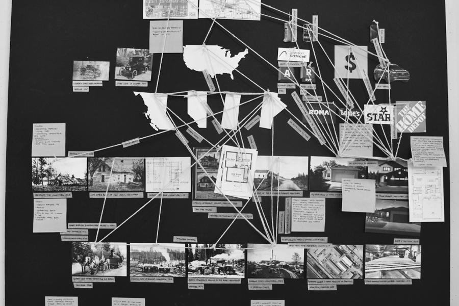 black and white collage map with strings connecting images