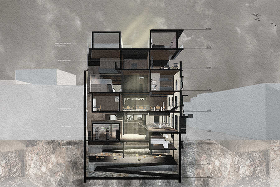 rendering of section of house with 6 floors with bedrooms and kitchen and living room