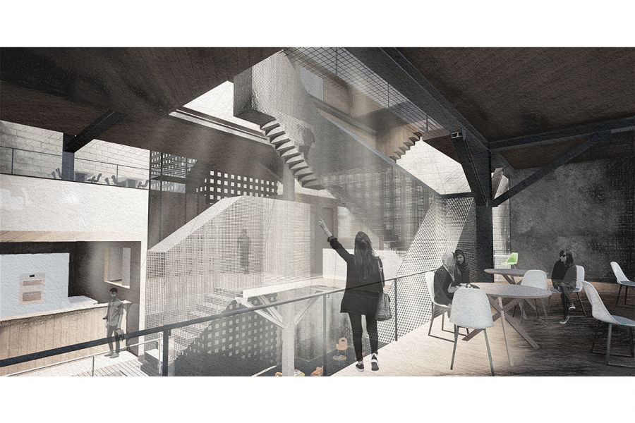 rendering of inside a house with female turned away and pointing up the stairs