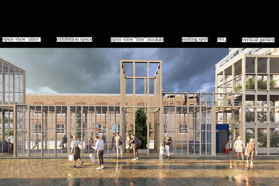rendering of open structure with single level entrance with pitched roof