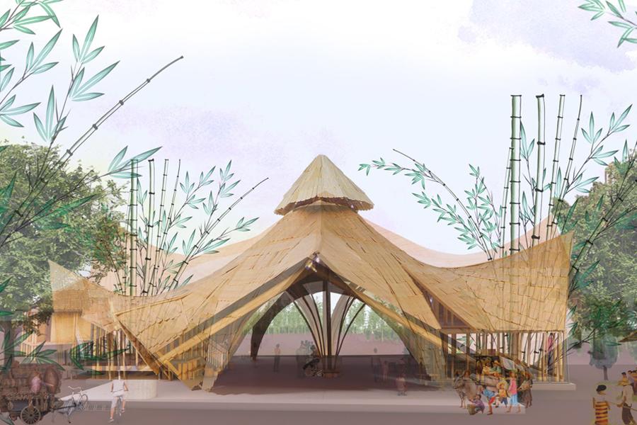 A large tent with a triangular roof
