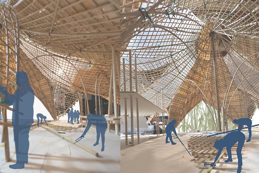 A collage of construction workers working under a large canopy structure