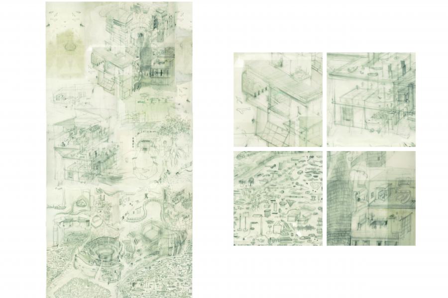 A collage of drawings of buildings and roads