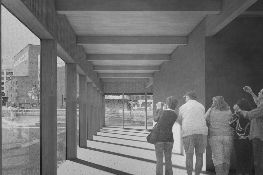 a group of people standing in a hallway