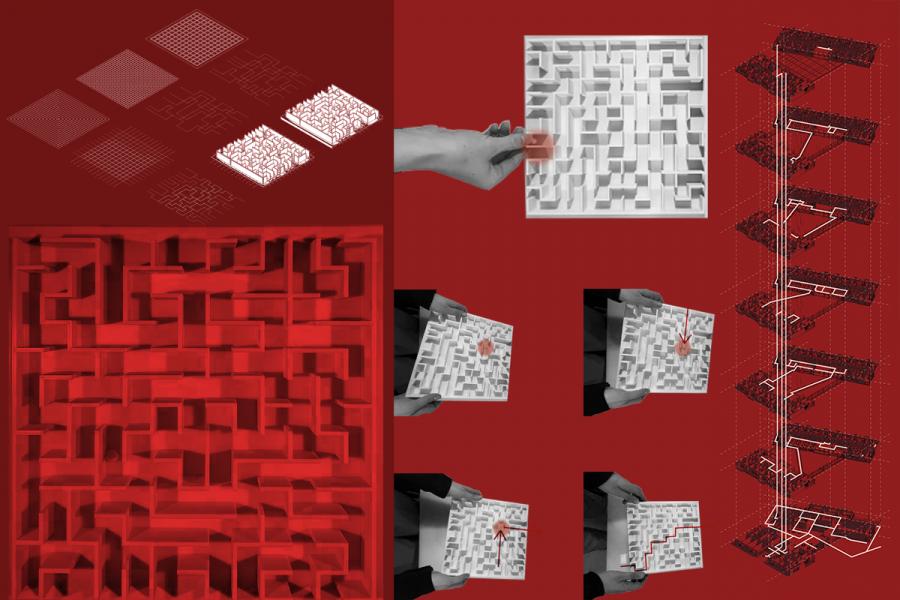 A collage of hands holding a maze