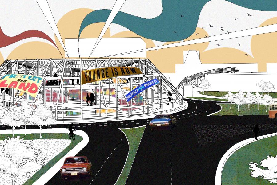 collage of images including a road with a car, circular structure with posters and line drawn trees
