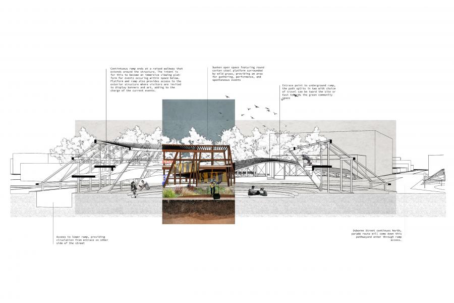 section drawing of single story building displayed over a landscape of trees