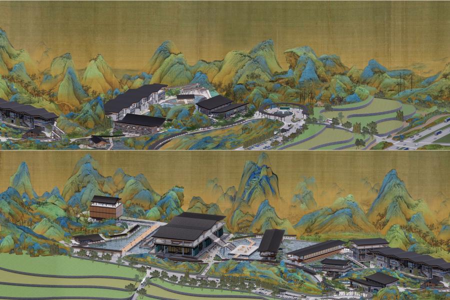 A collage of a building on the landscape