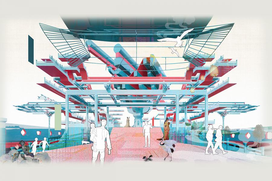 A drawing of people walking in a building