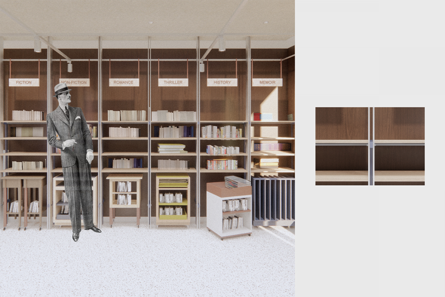 A person standing in a room with shelves.