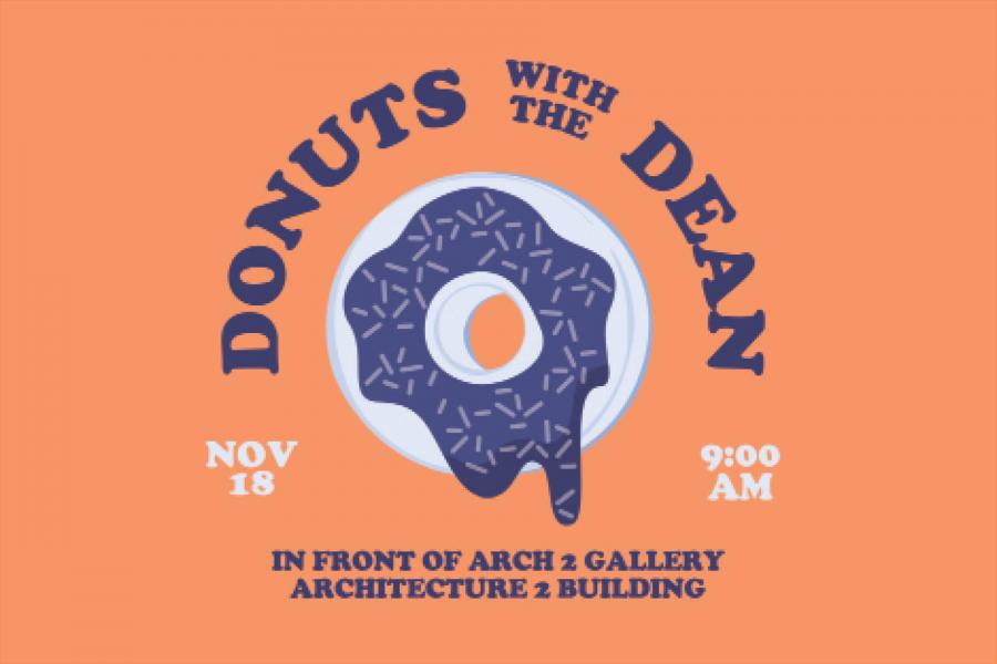 A vibrant poster set against an orange background, advertising an event titled "Donuts with the Dean." The central graphic is a stylized donut in shades of blue and white, with dark blue icing topped with light blue sprinkles.