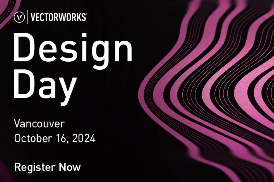 Abstract wavy pink and black lines on a dark background with event text on the left.