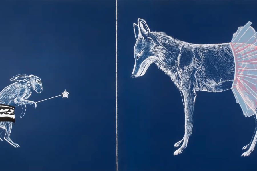 A rabbit holding a star wand faces a tutu-wearing coyote on a blue background.
