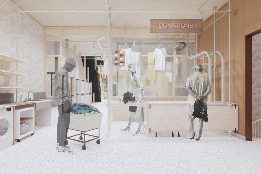A mannequin positioned in front of a laundry room, showcasing a modern and organized space for washing clothes.