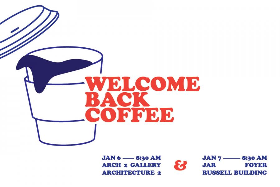 Illustration of a coffee cup with pouring coffee and "WELCOME BACK COFFEE" text with event details.