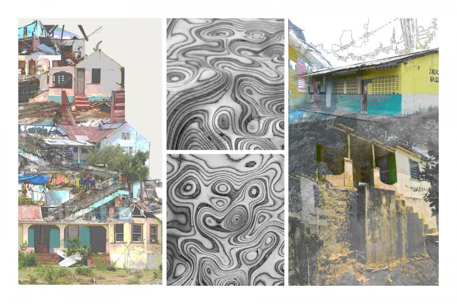 The image is divided into three sections: on the left, a collage of damaged homes in Jamaica showcases hurricane destruction. The middle features an abstract black-and-white pattern representing Hurricane Wilma at a 1:5000 scale. On the right, images of Ocho Rios' architecture and landscapes blend with an overlay of Hurricane Wilma.