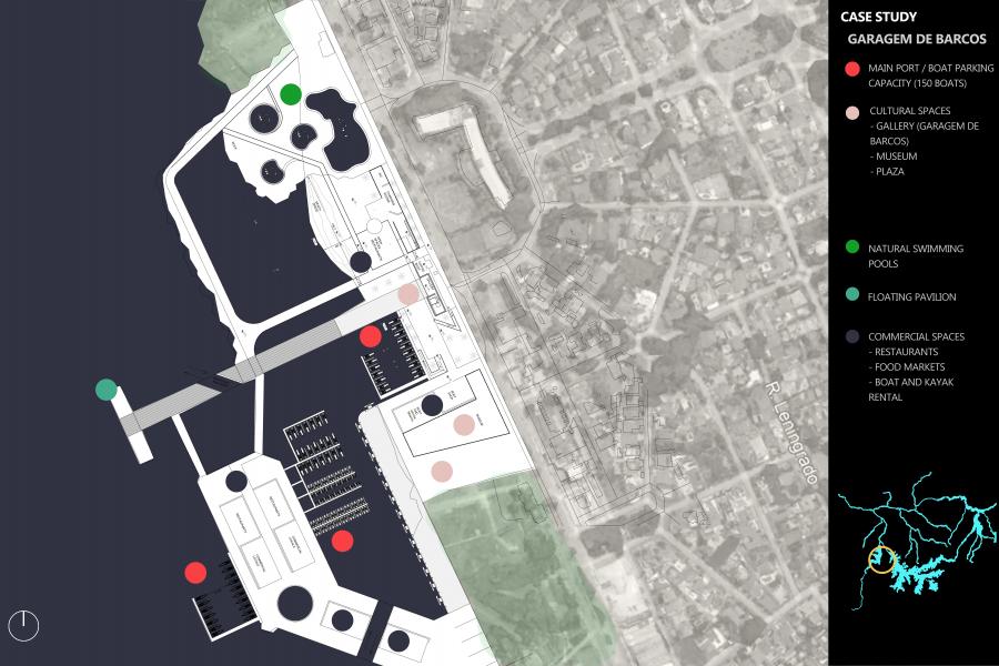 A map of the "Garagem de Barcos" case study highlights key features like a port, cultural spaces, swimming pools, and commercial areas, using color-coded markers. The urban context forms the background.