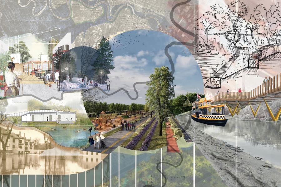 The collage blends urban and natural scenes, including a park walkway, snowy landscape, river with a ferryboat, and community spaces alongside architectural sketches. A faint map with rivers and urban markers overlays the composition.