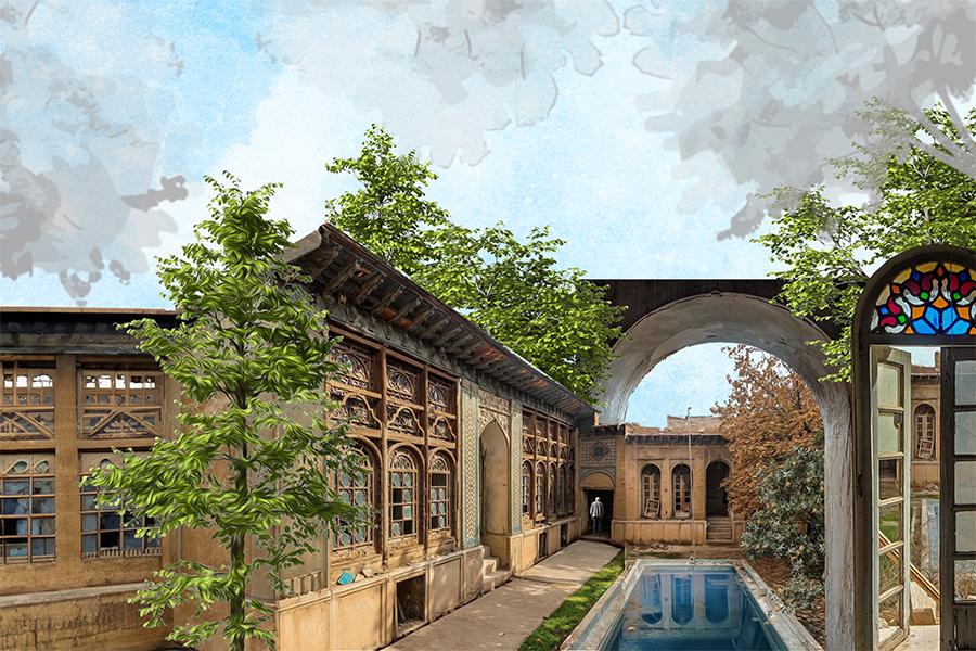 The image depicts a historical courtyard with traditional architecture, featuring a building with arched windows, ornate carvings, and a narrow pathway alongside a central pool. Lush trees, classical buildings, and a soft blue sky with clouds complete the scene.