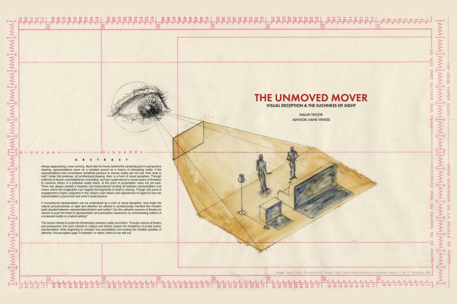 The drawing "Perceptions of Theatre" features an eye projecting lines onto an abstract stage with figures, geometric shapes, and a lamp. The composition explores themes of sight, perception, and visual deception, set against a layout grid.