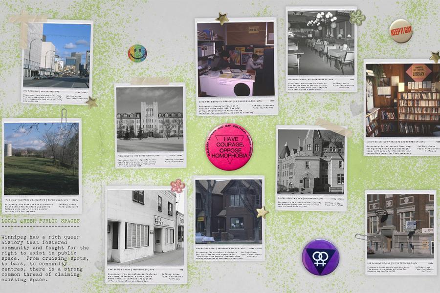 The image is a collage featuring photographs and memorabilia related to local queer public spaces in Winnipeg. It highlights the significance of these spaces with buttons, pins, and a caption emphasizing the legacy of queer community spaces.