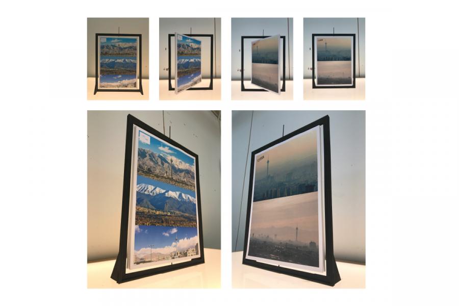 The image showcases a rotating framed picture displaying two contrasting cityscapes: one clear and vibrant, the other hazy and smog-filled. The photographs capture the frame at various angles, emphasizing the shift between the two scenes.