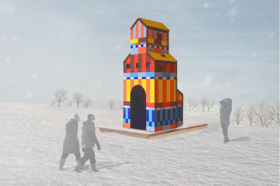 Colorful geometric tower on a snowy landscape with people in winter clothing.