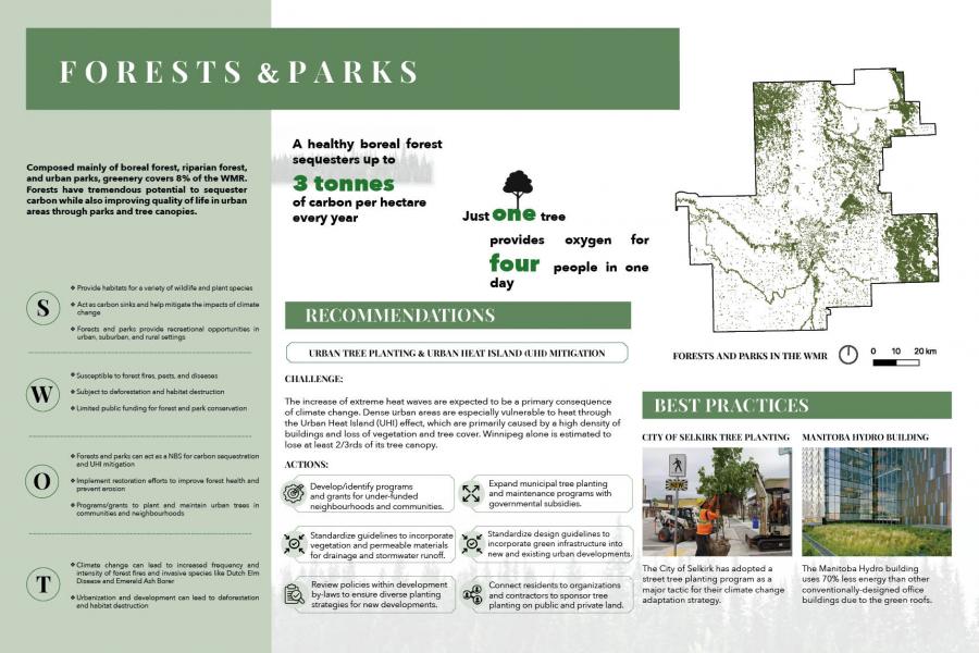 Infographic on forests and parks highlighting carbon sequestration benefits, SWOT analysis, recommendations for urban tree planting, a map of WMR, and best practices examples.