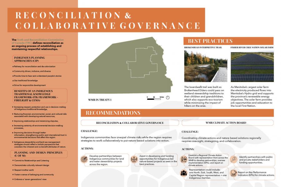 Infographic on "Reconciliation & Collaborative Governance" with map, text, and photographs of best practices.