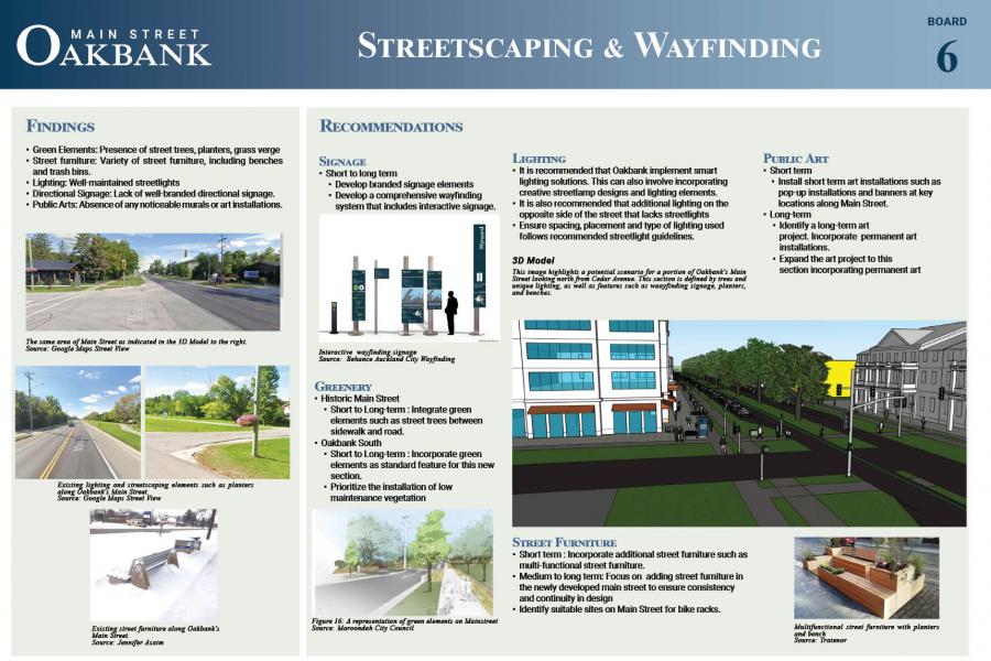 Streetscaping and wayfinding plan for Oakbank's Main Street, featuring sections on findings, recommendations, and visuals of current and proposed improvements.