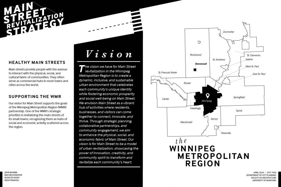 Image of the Main Street Revitalization Strategy with text about healthy streets, a regional map, and vision statement for urban revitalization.