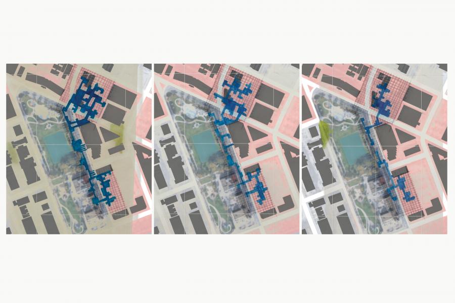 Three side-by-side urban maps show building layouts in pink, roads in gray, and blue overlays marking proposed structures. The scene conveys urban planning.