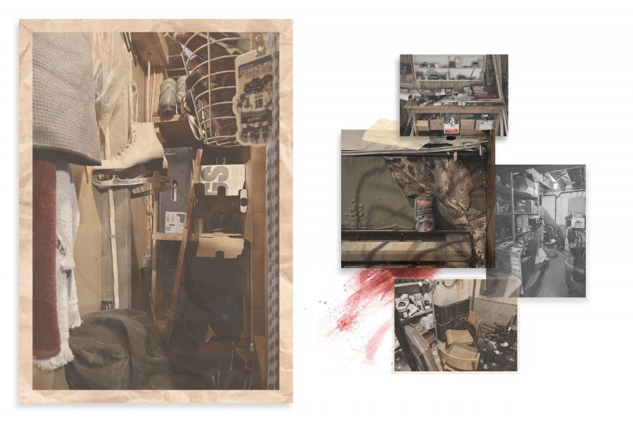 Cluttered storage space with hockey equipment, ice skates, and cardboard boxes. Adjacent images show a messy workshop, a worn furnace, and piled chairs, conveying neglect.
