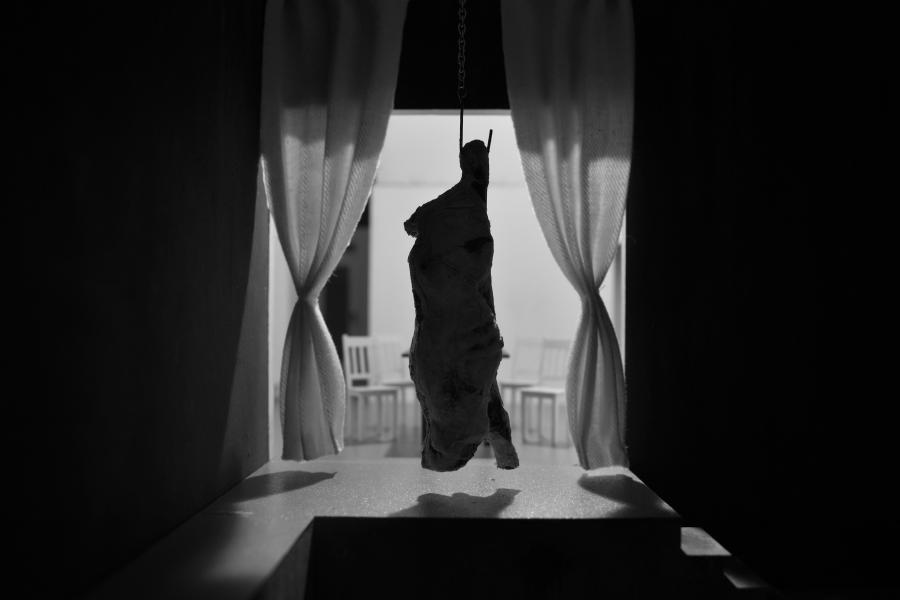 A shadowy, hanging object is centered between parted curtains, evoking a mysterious tone. Chairs are visible in the background, suggesting an empty room.