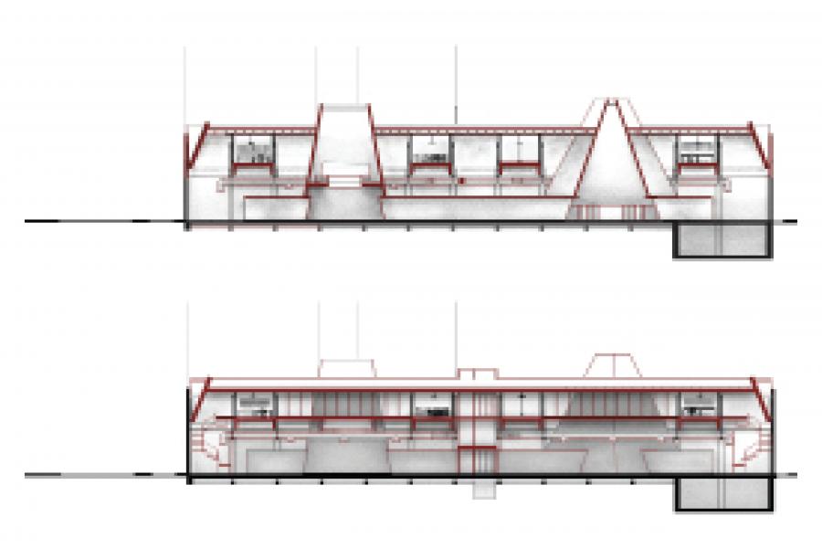 Architectural cross-section of a building, featuring two levels with red outlines. Shows interior design elements like stairs and partitions, conveying a modern aesthetic.