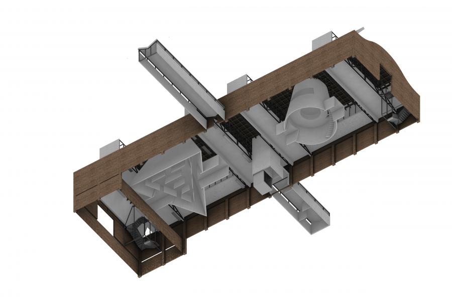 Isometric architectural illustration of an industrial building section with exposed ducts, brick walls, geometric forms, and metal walkways, conveying a modern, utilitarian aesthetic.