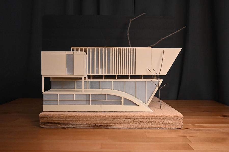 Architectural model of a modern building on a wooden base. It features clean lines, large vertical slats, geometric shapes, and bare branches.