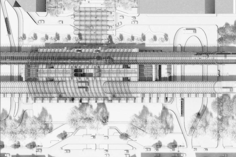 Black and white architectural floor plan of a large transit station. Curved structures, pathways, trees, cars, and buses create a complex urban layout.