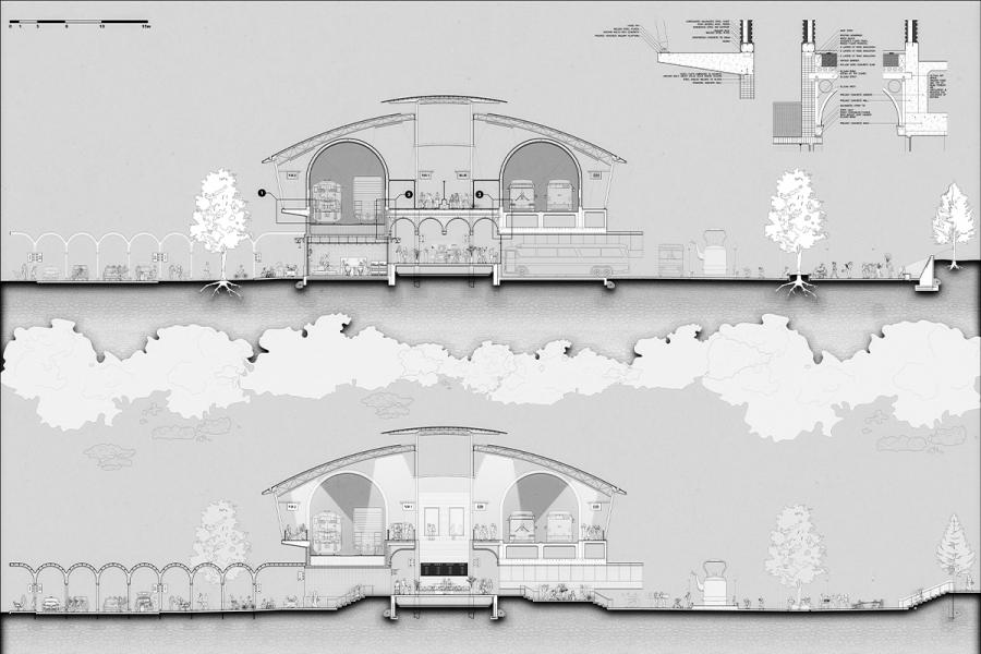 Architectural cross-section of an underground bus terminal. It features curving roofs, trees, buses, and people, illustrating a busy, bustling atmosphere.