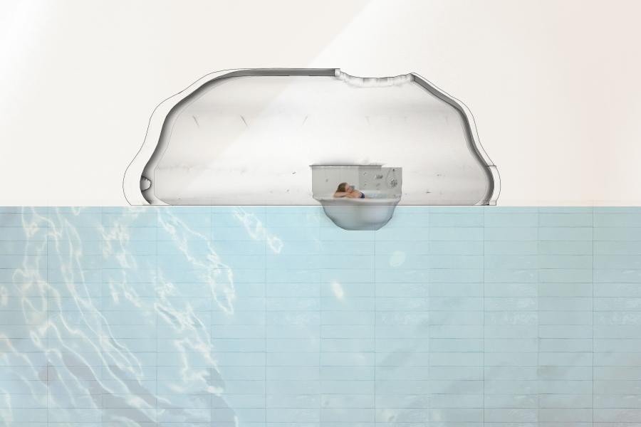 Cross-section of a pool showing a person relaxing on the edge of a cutaway section above the water. The pool surface is calm and bright with ripples.